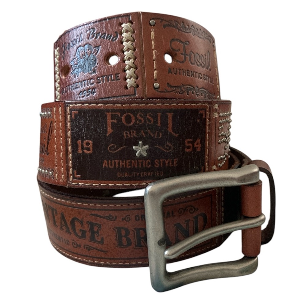 Fossil Belt Women's Sz. M Vintage Signs Designs Tooled Genuine Leather Brown